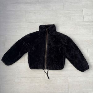 Lucky Brand Jacket Coat Black Faux Fur Rose Gold Zipper Drawstring Waist Small